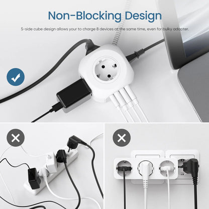 LENCENT EU Plug Power Strip | 4 AC Outlets | 3 USB Port | 1 Type C | 2M/3M Braided Cable | Multi Socket with Switch | for Home