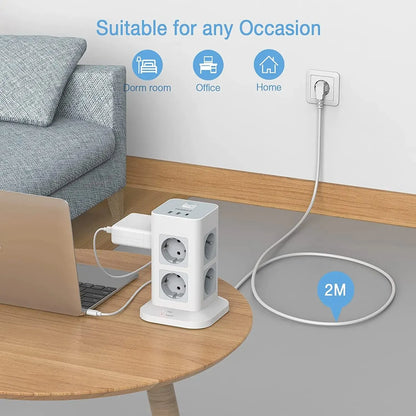 TESSAN Tower Power Strip | Multi Outlets | 2 USB + 1 Type C | 2M Extension Cable | EU Plug | Vertical Electric Socket | Surge Protection