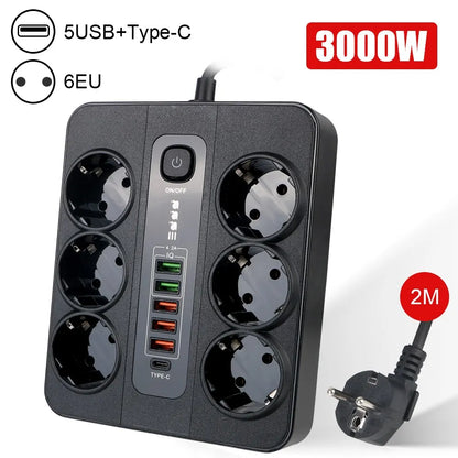 Extension Socket | With Safety Switch | Power Strip | For Office Home | EU Plug | 3000W | 2M Cable | Overload Protection | USB Type C Ports