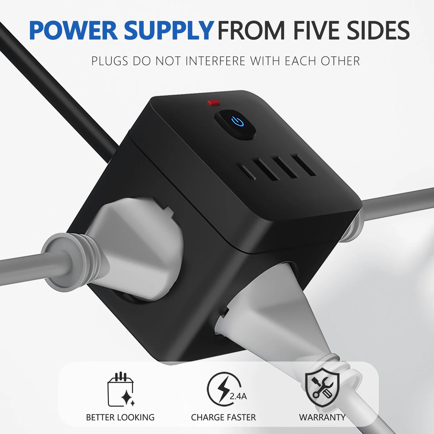 7-in-1 EU Power Strip | Power Strip Surge Protector | 3 AC Outlets | 3 USB | 1 Type-C | Desktop Charging Station | With Overload Protection