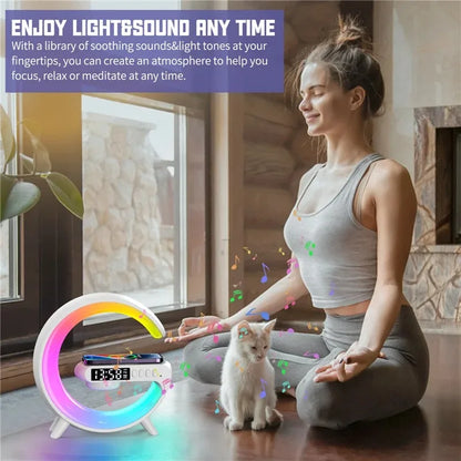 Wireless Charger Pad Stand | Speaker | TF Card | RGB Night Light Lamp | Alarm Clock | Fast Charging Station Dock | for iPhone Samsung Xiaomi