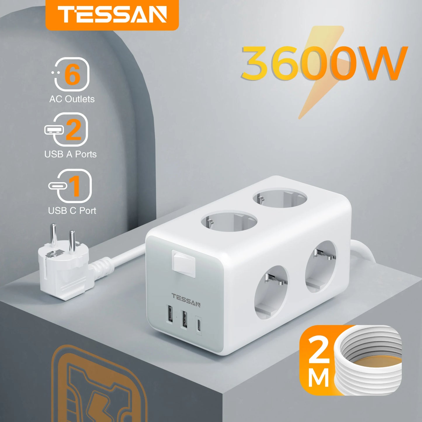 TESSAN EU Plug Power Strip Cube | 6 Outlets | 2 USB Ports | 1 Type C | 2M Extension Cable | Europe Multi Socket | with Switch | for Home