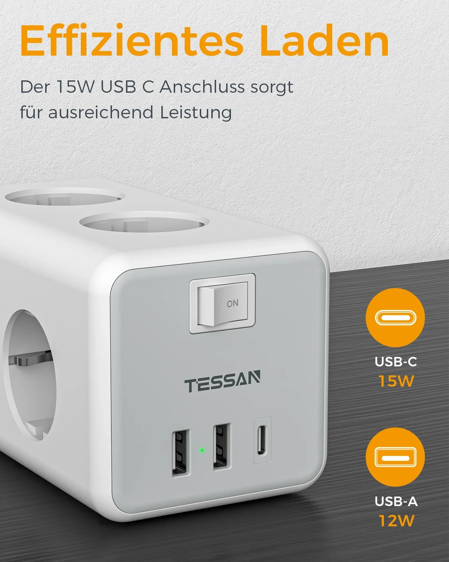 TESSAN EU Plug Power Strip Cube | 6 Outlets | 2 USB Ports | 1 Type C | 2M Extension Cable | Europe Multi Socket | with Switch | for Home