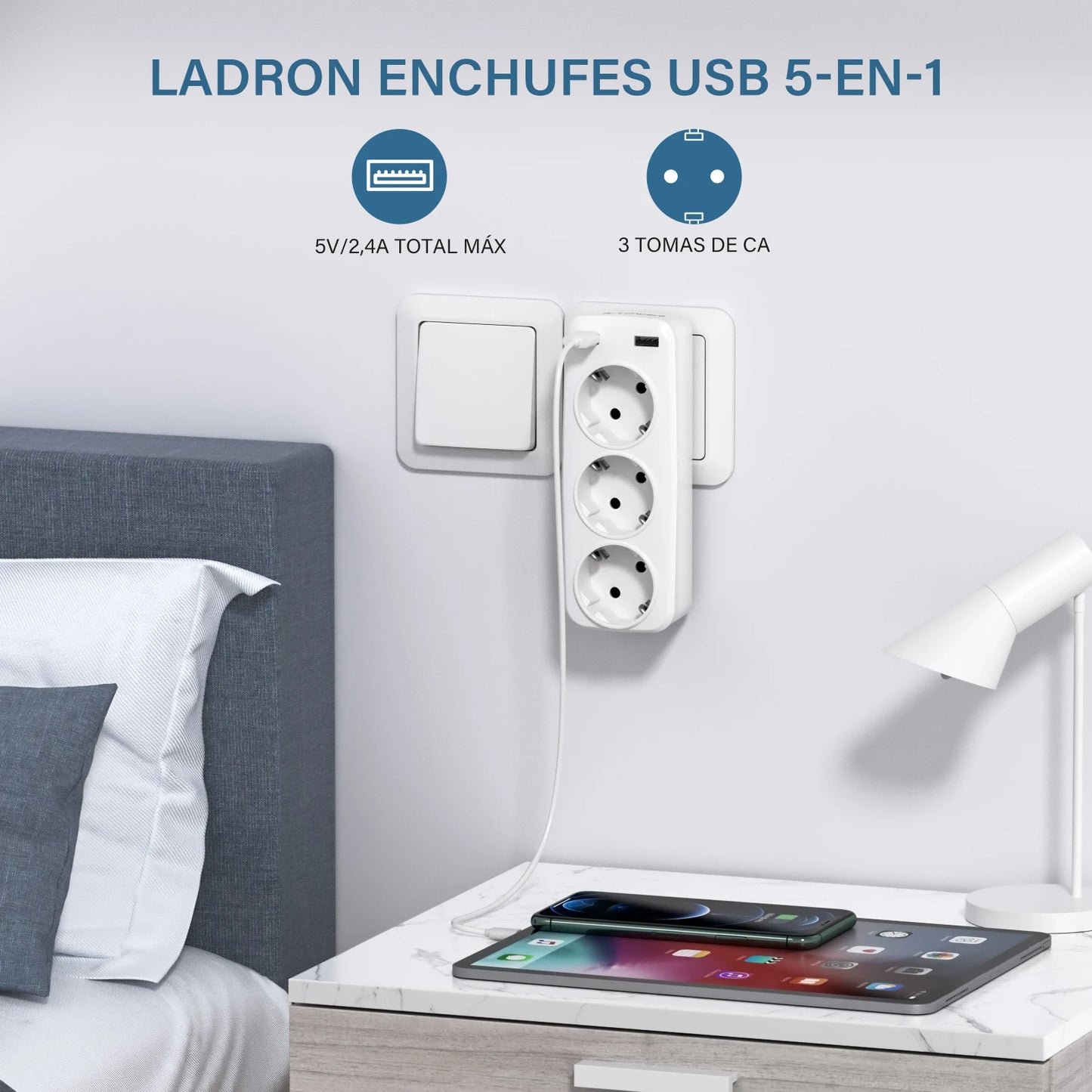 LENCENT EU Plug | 5-in-1 Wall Socket Extender | 3 AC Outlets | 2 USB Ports | Max 4000W | 5V 2.4A Wall Charger | Ideal for Home/Office