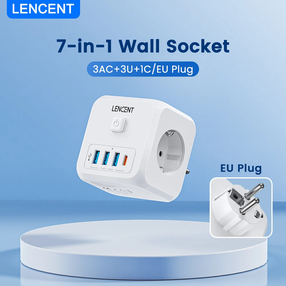 LENCENT EU Plug Power Strip | 3 AC Outlets | 3 USB Charging Ports | 1 Type C 5V 2.4A Adapter | 7-in-1 Plug Socket | On/Off Switch