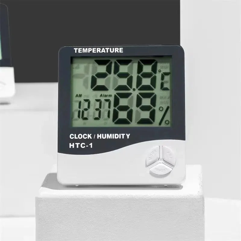 HTC-1 Digital Thermometer Hygrometer Clock Alarm/Alarm Calendar 5 Functions Large Screen Desktop Stand & Wall Mount White