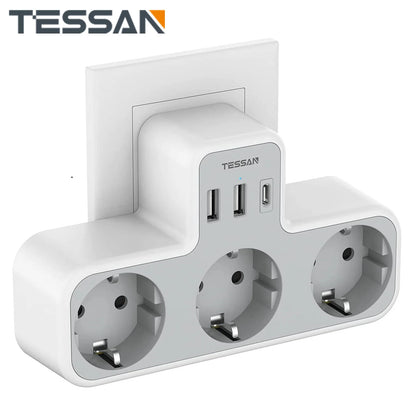 TESSAN EU Plug Power Strip | 3 AC Outlets | 2 USB Ports | 1 Type C | 6-in-1 Plug Socket Adapter | Wall Charger | for Home Office