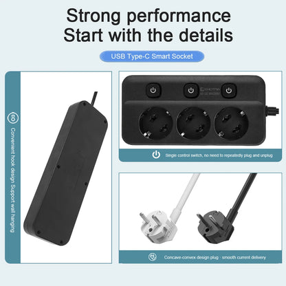 Power Strip | EU Plug | AC Outlets | Multitap Socket | Extension Cord | Electrical | With USB Type C PD Fast Charging | Network Filter Adapter