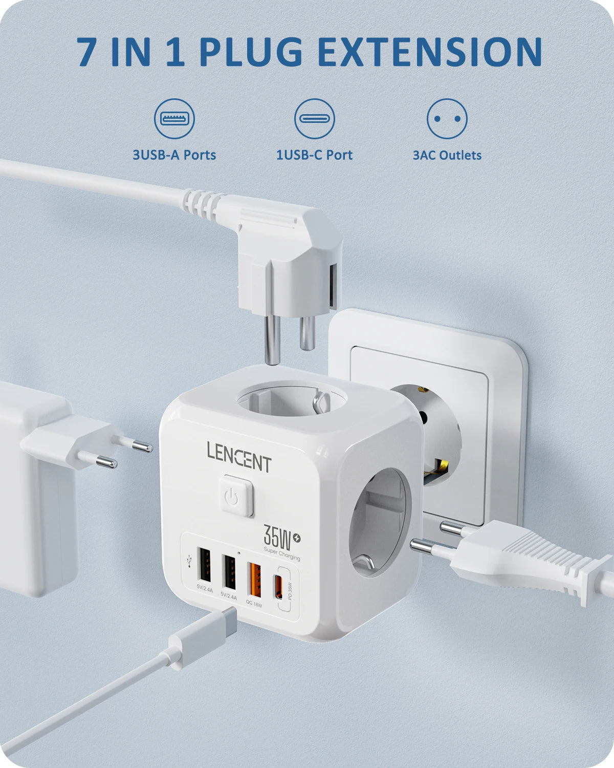 LENCENT EU Plug Power Strip | Wall Socket | 3 AC + 3 USB QC 18W | 1 Type C PD 35W Fast Charger Adapter | 7-in-1 Socket | On/Off Switch