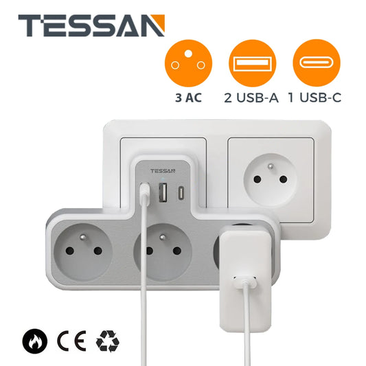 TESSAN | 6 in 1 Multiple Socket Extender | Power Strip | 3 French Sockets | 3 USB Ports (1 USB C) | USB Wall Charger | for Home & Office