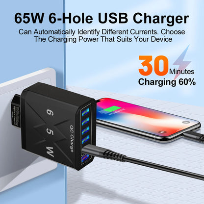 65W | 6 Ports USB Charger | Fast Charging QC3.0 | Travel Charger | For iPhone 14 Samsung Xiaomi Mobile Phone | Adapter | EU KR US UK Plug