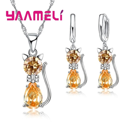 925 Sterling Silver Cat Necklace & Earring Set for Women – Cubic Zirconia Crystal Cute Jewelry Set