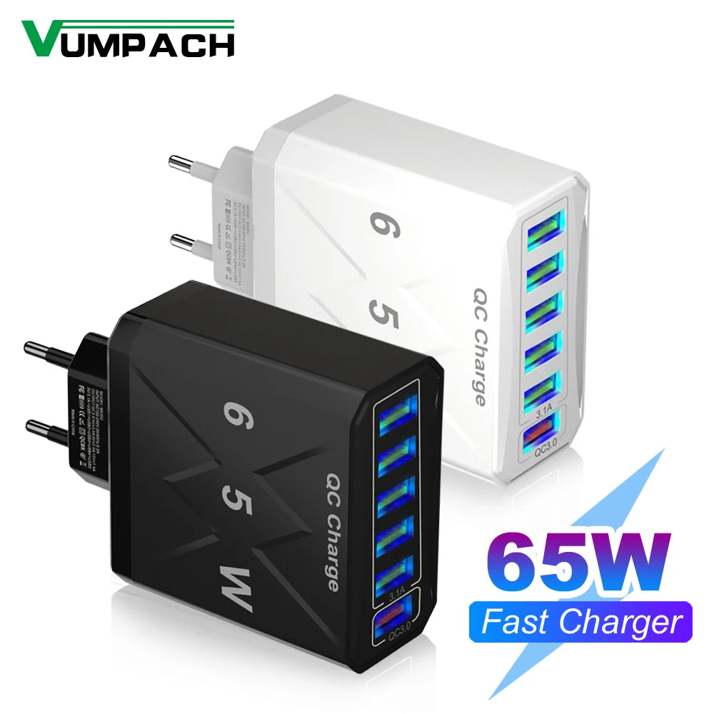 65W | 6 Ports USB Charger | Fast Charging QC3.0 | Travel Charger | For iPhone 14 Samsung Xiaomi Mobile Phone | Adapter | EU KR US UK Plug