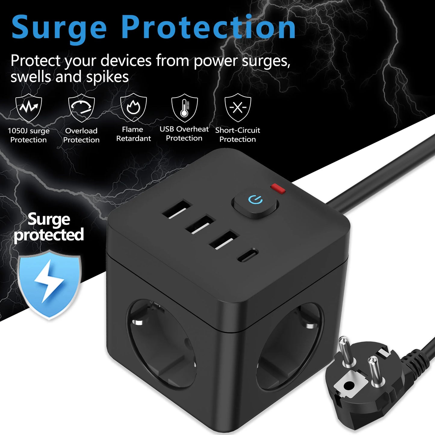 7-in-1 EU Power Strip | Power Strip Surge Protector | 3 AC Outlets | 3 USB | 1 Type-C | Desktop Charging Station | With Overload Protection