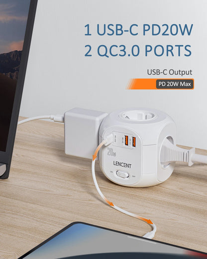 LENCENT Flat EU Plug Power Strip Cube | 4 AC Outlets | 2 QC3.0 USB | 1 Type C PD20W Fast Charging | 2M/3M Braided Cable | For Home