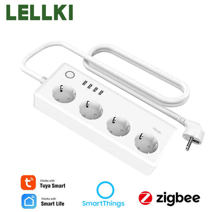 LELLKI ZigBee USB Power Strip | 4 Plugs | 2 USB Ports | 1.8m Extension Cable | Remote & Voice Control