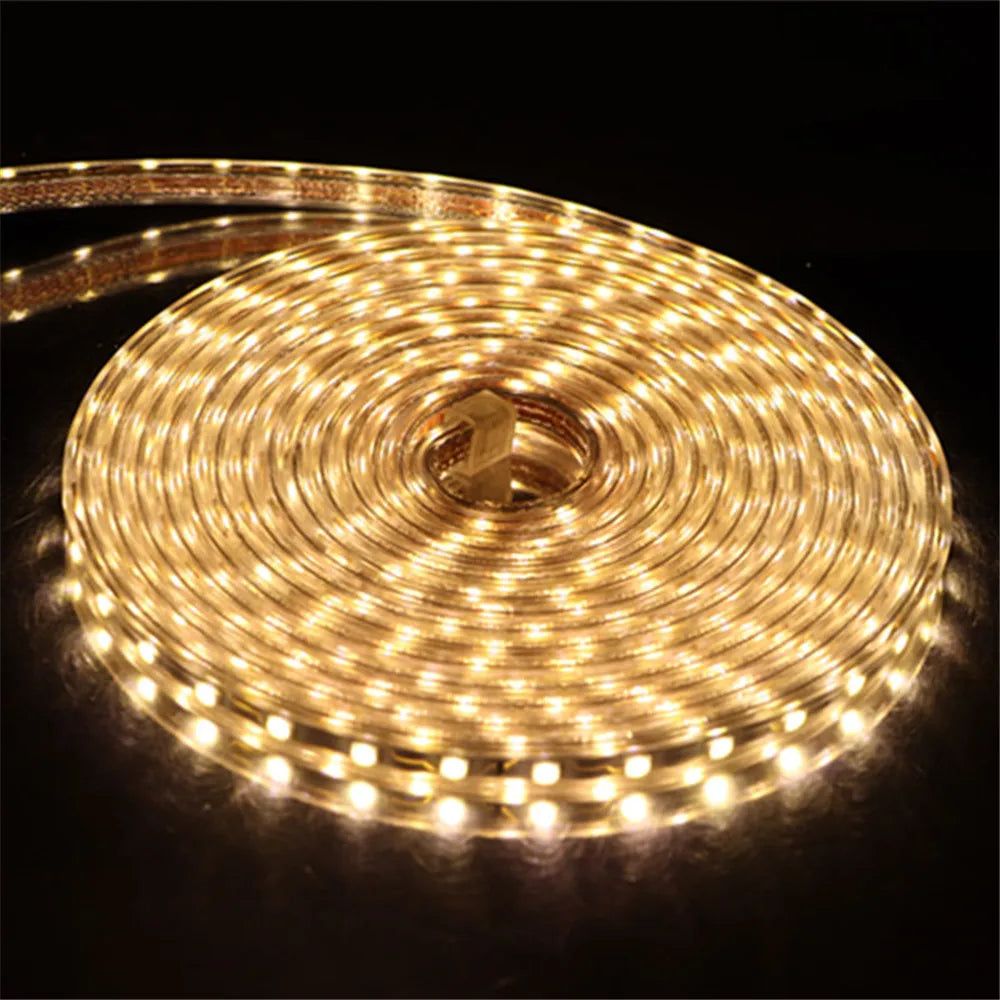 High Quality | AC 220V LED Strip Lights | 5050SMD | 60LEDs/m | Flexible Outdoor | Warm White Lamp | Waterproof LED Tape | With EU Power Plug