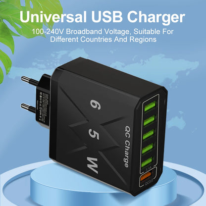 65W | 6 Ports USB Charger | Fast Charging QC3.0 | Travel Charger | For iPhone 14 Samsung Xiaomi Mobile Phone | Adapter | EU KR US UK Plug