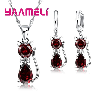 925 Sterling Silver Cat Necklace & Earring Set for Women – Cubic Zirconia Crystal Cute Jewelry Set