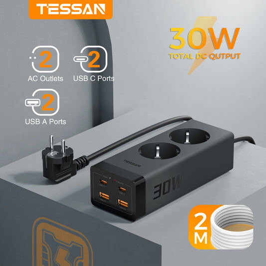 TESSAN | 30W Multi Socket Power Strip | 2 Outlets | 2 USB Ports | 2 Type C Ports | Cube Electrical Socket | 2M Extension Cord | Surge Protection