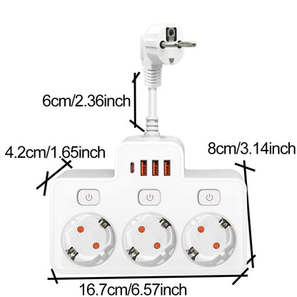 EU AC Plug Power Strip | Wall Mounted | Independent Switch | Multitap | Network Filter | USB C Charging | Network Filter Adapter