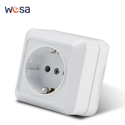 WESA White Wall Mount Socket | EU Standard Electrical Outlet | Ground Vintage Surface Power Socket Plug | Flame Retardant Plastic