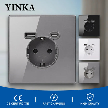 YINKA EU Standard Socket | Tempered Glass | 16A Wall Power Outlet | AC110V-250V | Universal Socket | USB Type-C Charge Port | 5V 2100mA