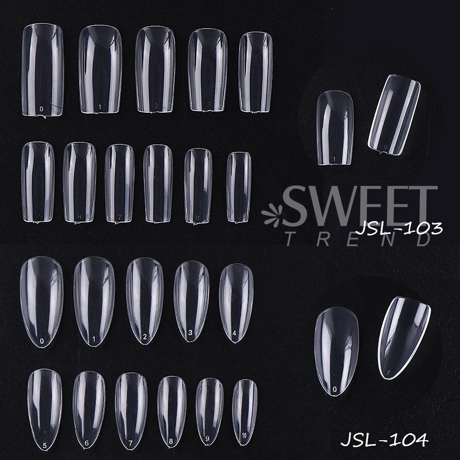 600pcs Transparent Press On False Nail Tips – Full Cover Long Coffin, Stiletto, Almond, Square & Oval Acrylic Nail Extensions