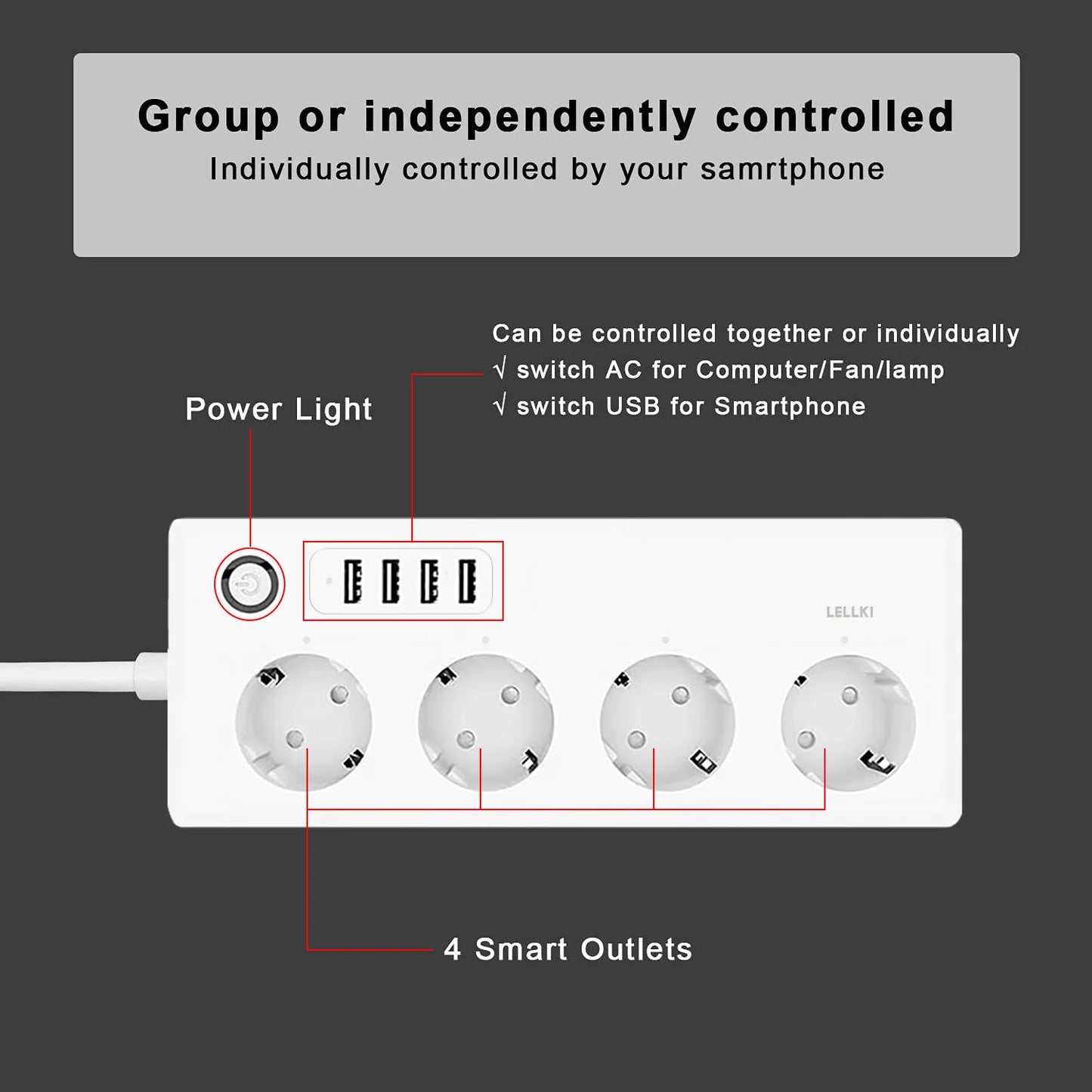 LELLKI ZigBee USB Power Strip | 4 Plugs | 2 USB Ports | 1.8m Extension Cable | Remote & Voice Control