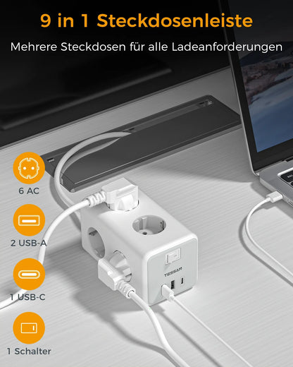 TESSAN EU Plug Power Strip Cube | 6 Outlets | 2 USB Ports | 1 Type C | 2M Extension Cable | Europe Multi Socket | with Switch | for Home