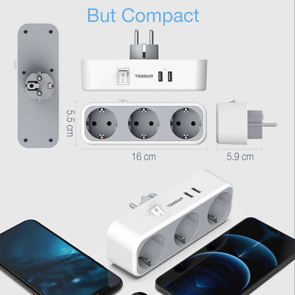 TESSAN Multiple Wall Socket Extender | 3 AC Outlets | 2 USB Ports | Switch | EU Plug Power Socket Adapter | Charger | for Home Travel