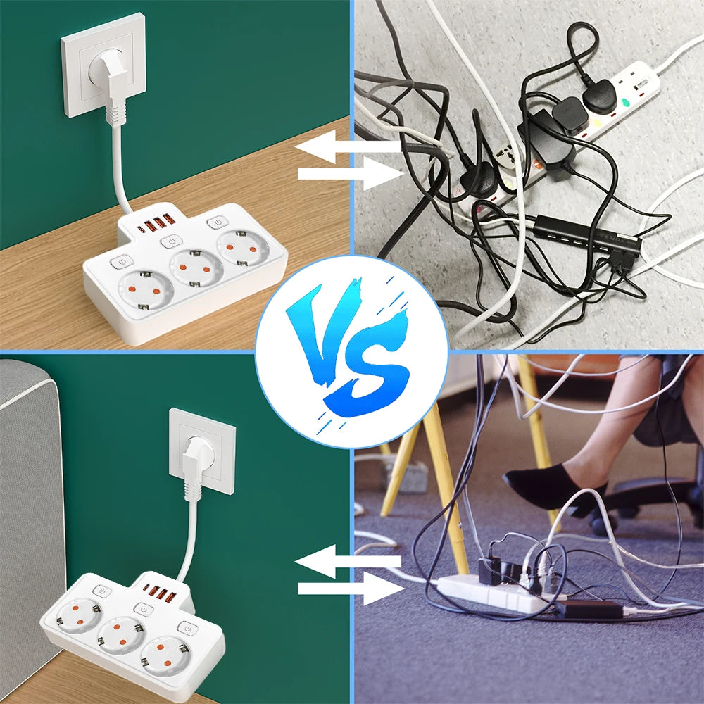 EU AC Plug Power Strip | Wall Mounted | Independent Switch | Multitap | Network Filter | USB C Charging | Network Filter Adapter