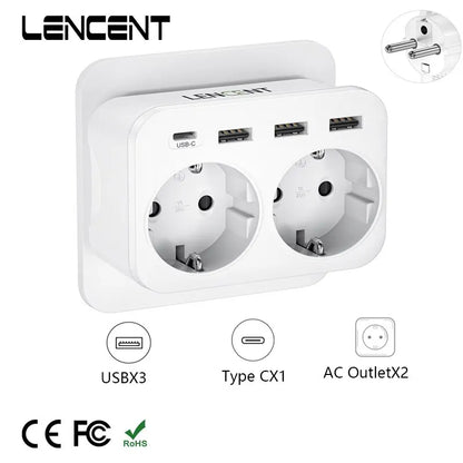 LENCENT EU Wall Socket Extender | 2 AC Outlets | 3 USB Ports | 1 Type C Port | 5V 2.4A Power Charger Adapter | Overload Protection | for Home/Office