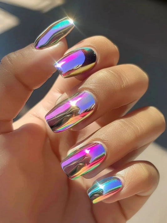 24-Piece Long European-Shape Press-On Nails – Electroplated Ultra Shiny Finish | Simple, Stylish & Modern False Nail Set