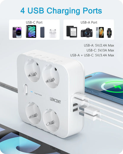 LENCENT EU Plug Power Strip | 4 AC Outlets | 3 USB | 1 Type C | 2M/3M Braided Cable | Multi Socket with Switch | for Home/Office