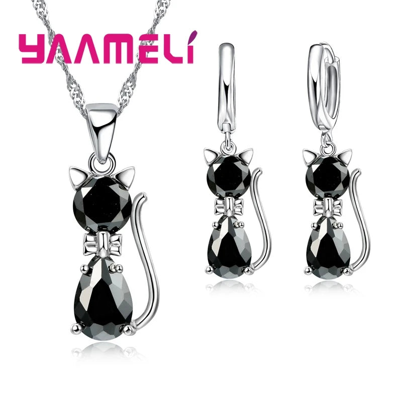925 Sterling Silver Cat Necklace & Earring Set for Women – Cubic Zirconia Crystal Cute Jewelry Set