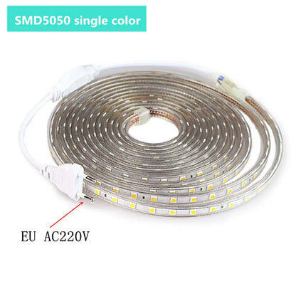 High Quality | AC 220V LED Strip Lights | 5050SMD | 60LEDs/m | Flexible Outdoor | Warm White Lamp | Waterproof LED Tape | With EU Power Plug