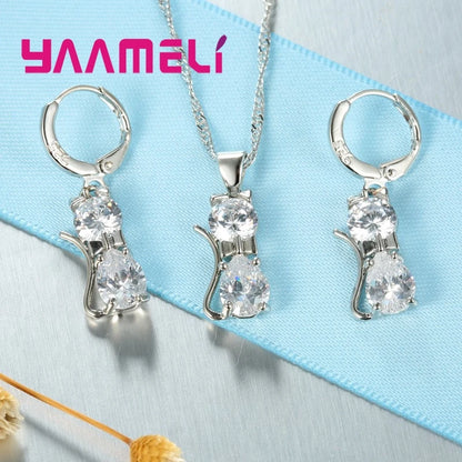 925 Sterling Silver Cat Necklace & Earring Set for Women – Cubic Zirconia Crystal Cute Jewelry Set
