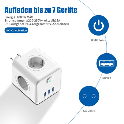 4000W EU USB Plug Power Strip with 4 AC Outlets 3USB Charger Fast Multiple Adapter Extension Electric Socket Cube Wall Switch