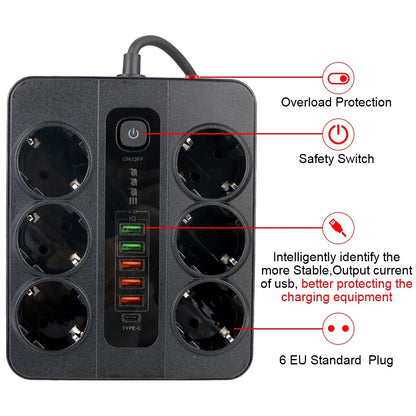 Extension Socket | With Safety Switch | Power Strip | For Office Home | EU Plug | 3000W | 2M Cable | Overload Protection | USB Type C Ports