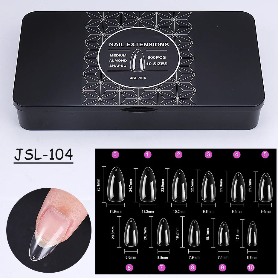 600pcs Transparent Press On False Nail Tips – Full Cover Long Coffin, Stiletto, Almond, Square & Oval Acrylic Nail Extensions