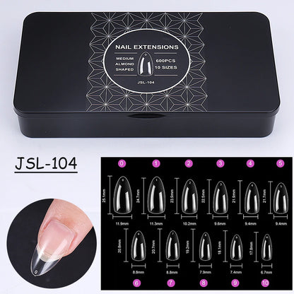 600pcs Transparent Press On False Nail Tips – Full Cover Long Coffin, Stiletto, Almond, Square & Oval Acrylic Nail Extensions