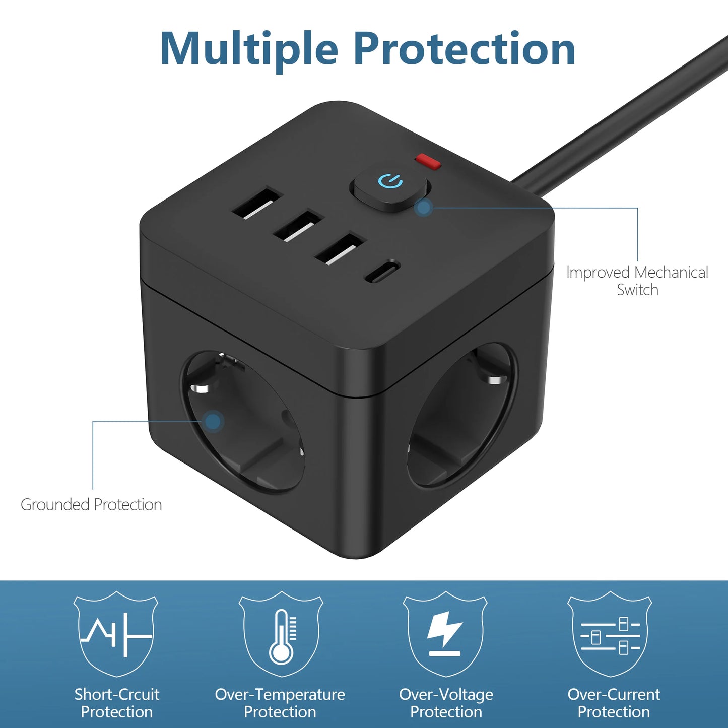 7-in-1 EU Power Strip | Power Strip Surge Protector | 3 AC Outlets | 3 USB | 1 Type-C | Desktop Charging Station | With Overload Protection