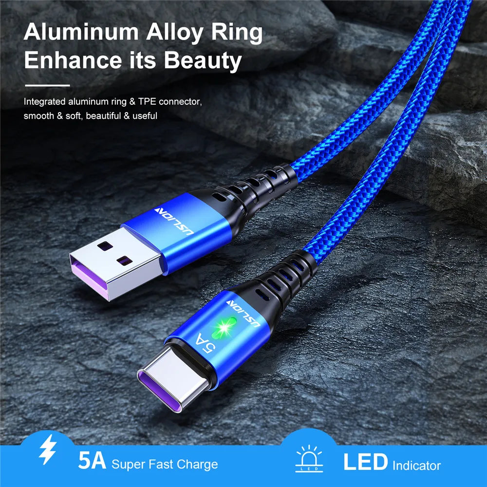 USLION 5A USB Type C Cable Wire For Samsung S22 Xiaomi mi 12 Mobile Phone Fast Charging USB C Cable Type-C Charger Cables Blue