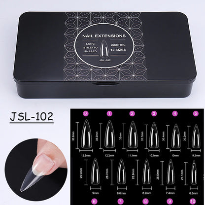 600pcs Transparent Press On False Nail Tips – Full Cover Long Coffin, Stiletto, Almond, Square & Oval Acrylic Nail Extensions