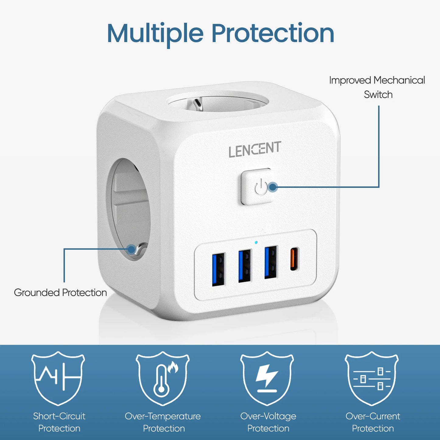 LENCENT EU Plug Power Strip | 3 AC Outlets | 3 USB Charging Ports | 1 Type C 5V 2.4A Adapter | 7-in-1 Plug Socket | On/Off Switch