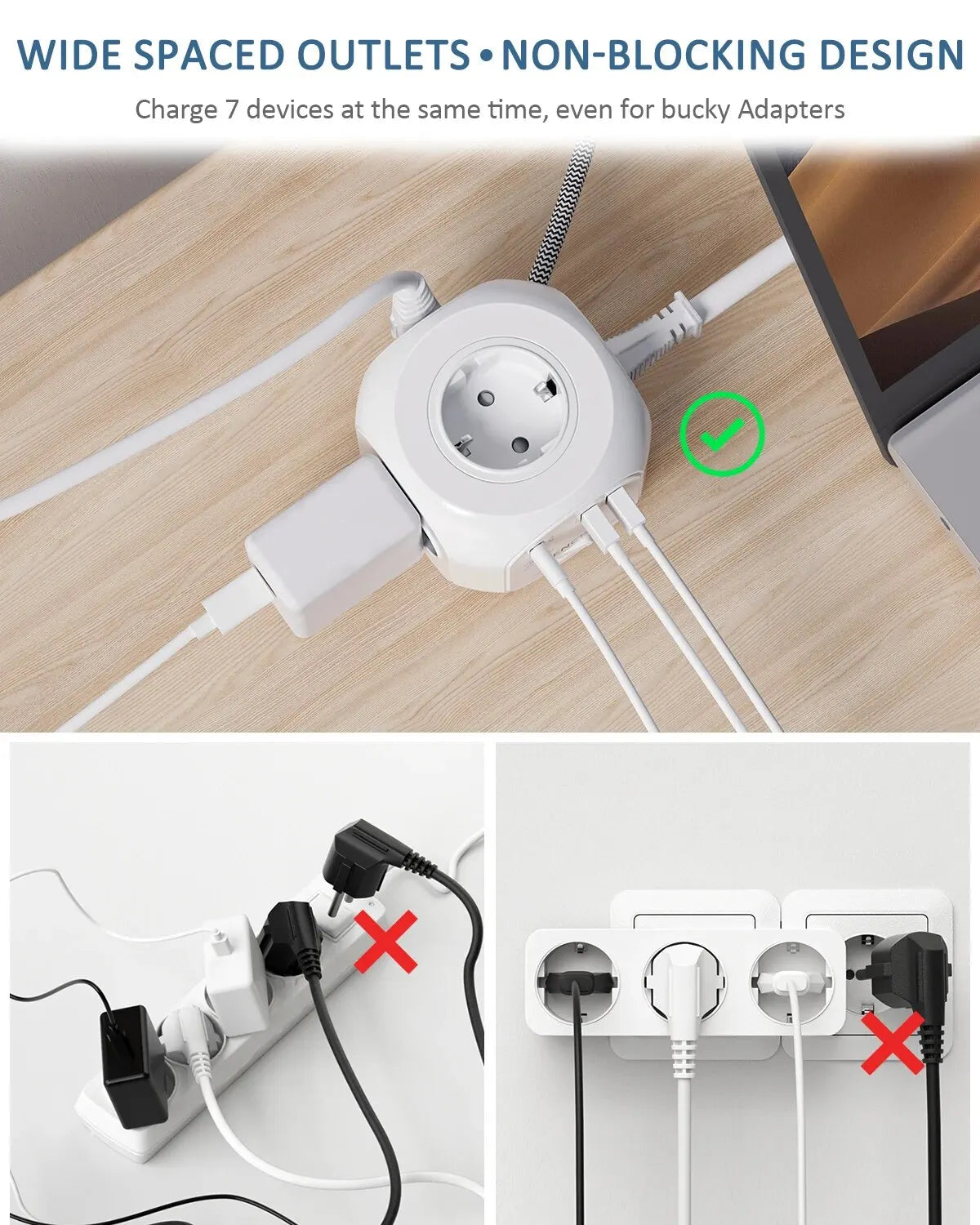 LENCENT Flat EU Plug Power Strip Cube | 4 AC Outlets | 2 QC3.0 USB | 1 Type C PD20W Fast Charging | 2M/3M Braided Cable | For Home