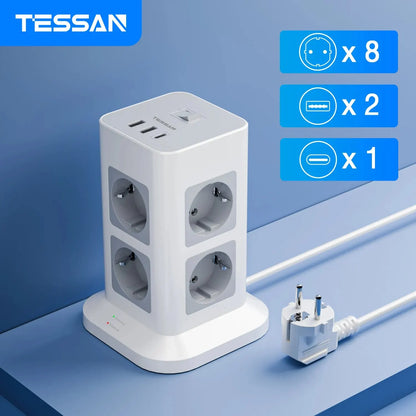 TESSAN Tower Power Strip | Multi Outlets | 2 USB + 1 Type C | 2M Extension Cable | EU Plug | Vertical Electric Socket | Surge Protection