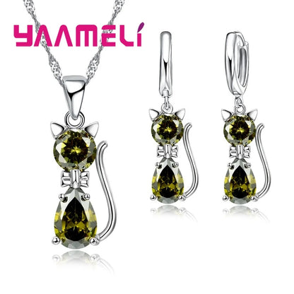 925 Sterling Silver Cat Necklace & Earring Set for Women – Cubic Zirconia Crystal Cute Jewelry Set