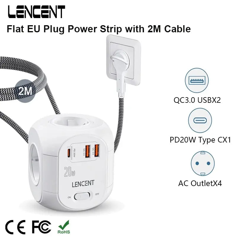 LENCENT Flat EU Plug Power Strip Cube | 4 AC Outlets | 2 QC3.0 USB | 1 Type C PD20W Fast Charging | 2M/3M Braided Cable | For Home